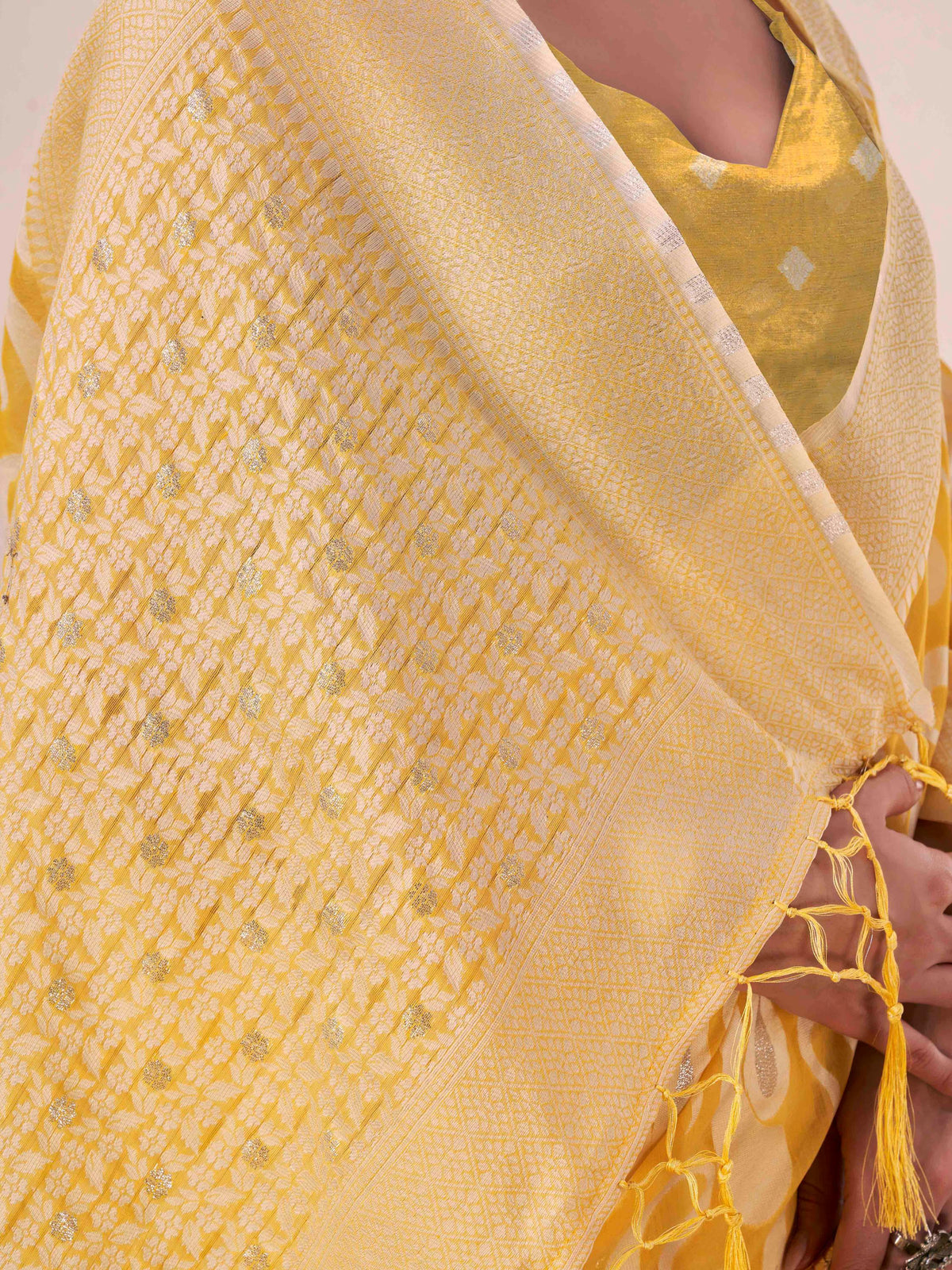 Indyancart TI Women's Ready To Wear Yellow Woven Saree with Unstitched Blouse