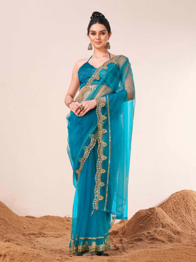 Indyancart TI Women's Firozi Colored Net Embellished Saree with Unstitched Blouse