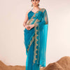 Dhiyona TI Women's Firozi Colored Net Embellished Saree with Unstitched Blouse