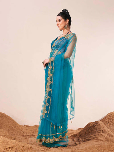 Indyancart TI Women's Firozi Colored Net Embellished Saree with Unstitched Blouse