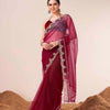 Dhiyona TI Women's Maroon Colored Net Embellished Saree with Unstitched Blouse
