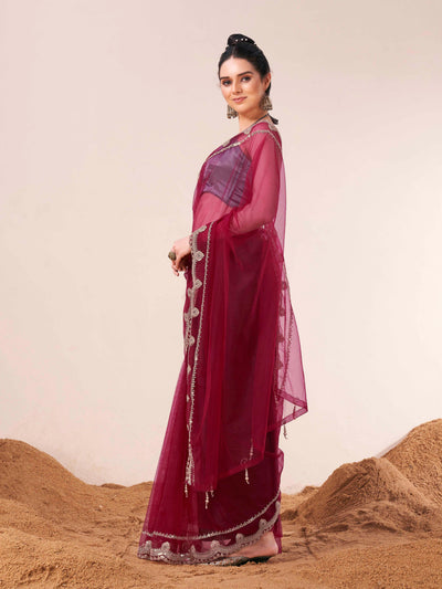 Indyancart TI Women's Maroon Colored Net Embellished Saree with Unstitched Blouse