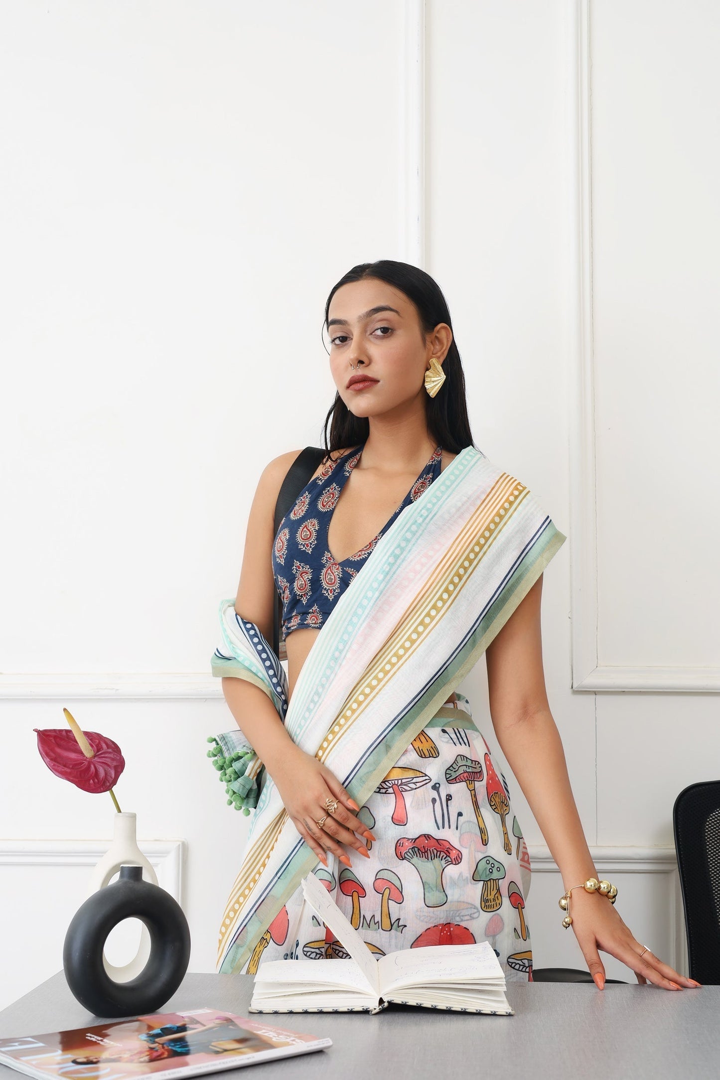 Indyancart TI Women's Ready To Wear Multi Abstract Saree with Unstitched Blouse