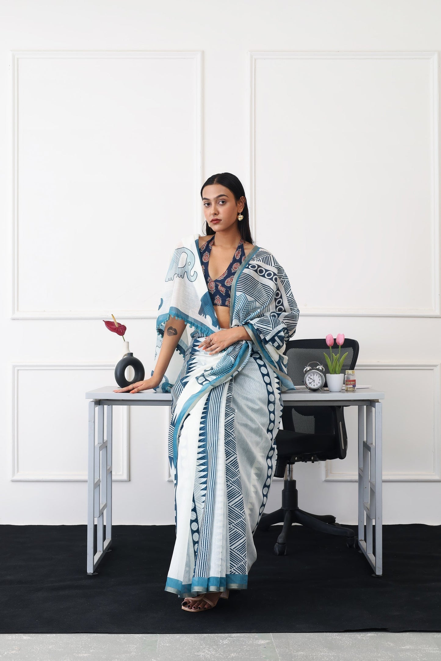Indyancart TI Women's Ready To Wear Blue Geometric Saree with Unstitched Blouse