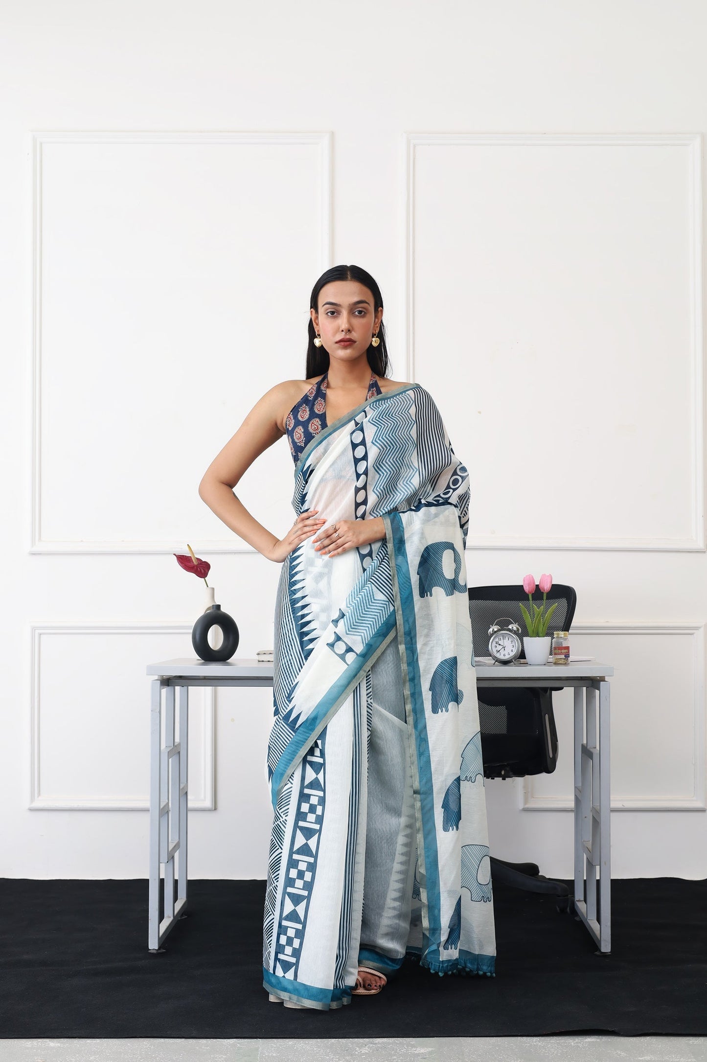 Indyancart TI Women's Ready To Wear Blue Geometric Saree with Unstitched Blouse