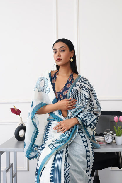 Indyancart TI Women's Ready To Wear Blue Geometric Saree with Unstitched Blouse