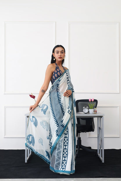 Indyancart TI Women's Ready To Wear Blue Geometric Saree with Unstitched Blouse