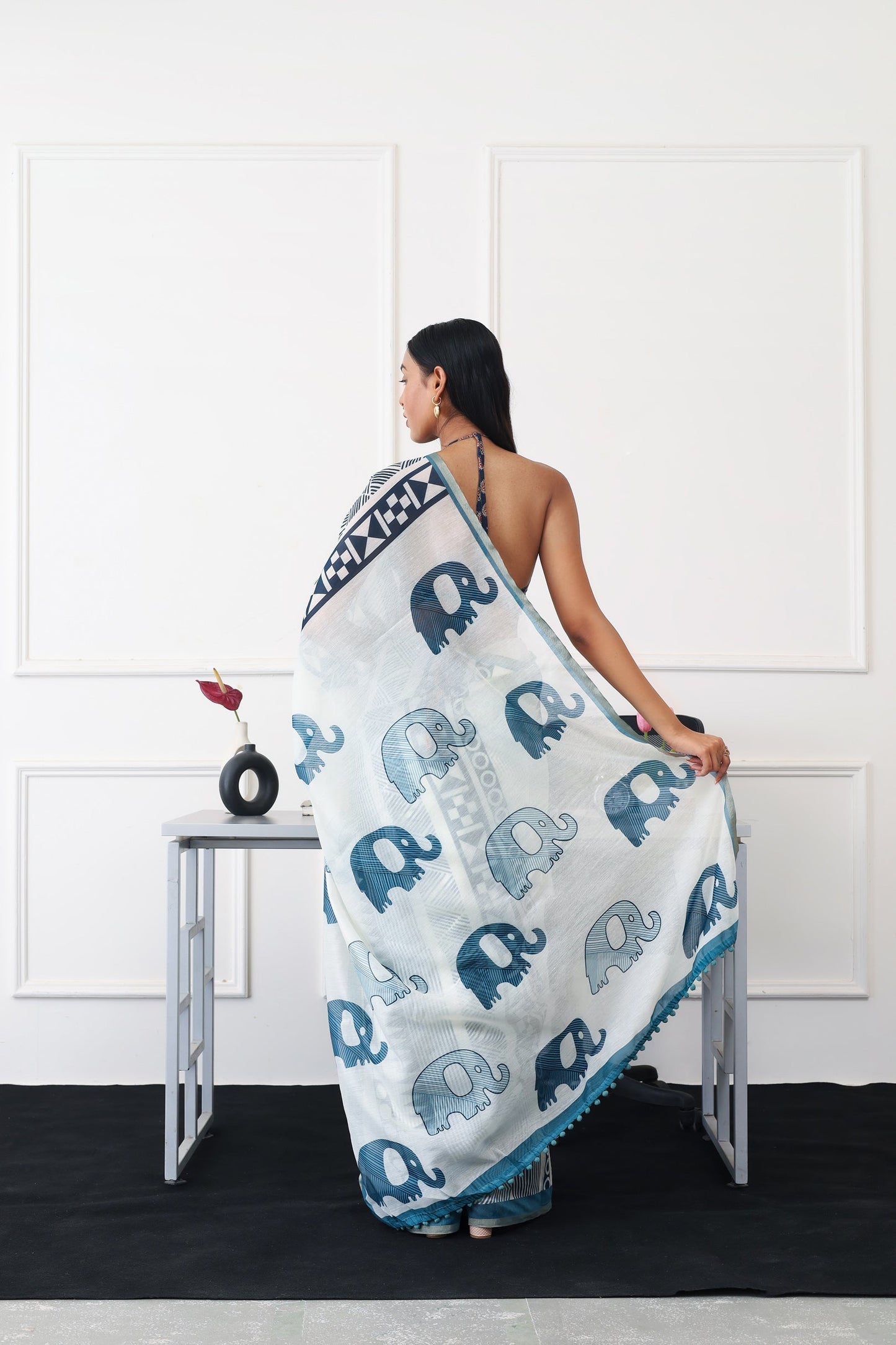 Indyancart TI Women's Ready To Wear Blue Geometric Saree with Unstitched Blouse