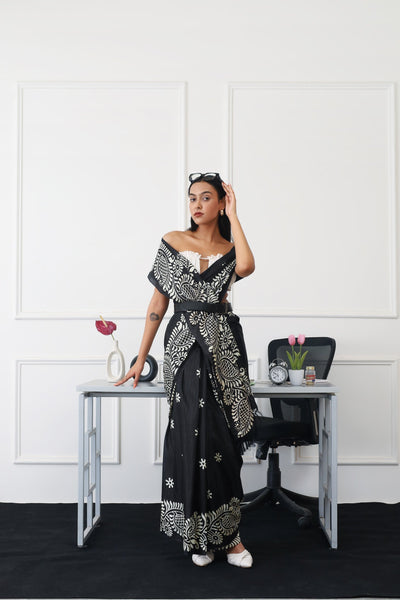 Indyancart TI Women's Ready To Wear Black Colored Printed Satin Saree with Unstitched Blouse