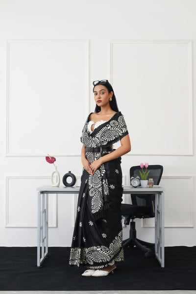 Indyancart TI Women's Ready To Wear Black Colored Printed Satin Saree with Unstitched Blouse