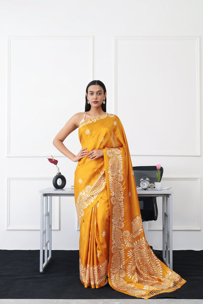 Indyancart TI Women's Ready To Wear Mustard Colored Printed Satin Saree with Unstitched Blouse