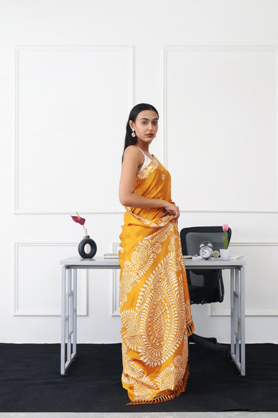 Indyancart TI Women's Ready To Wear Mustard Colored Printed Satin Saree with Unstitched Blouse