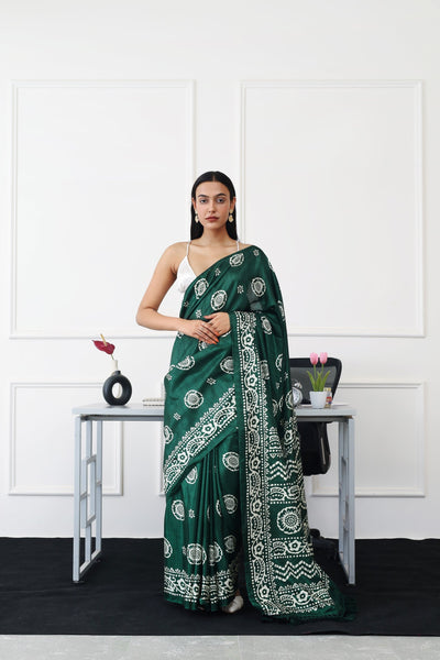 Indyancart TI Women's Ready To Wear Green Floral Printed Satin Saree with Unstitched Blouse