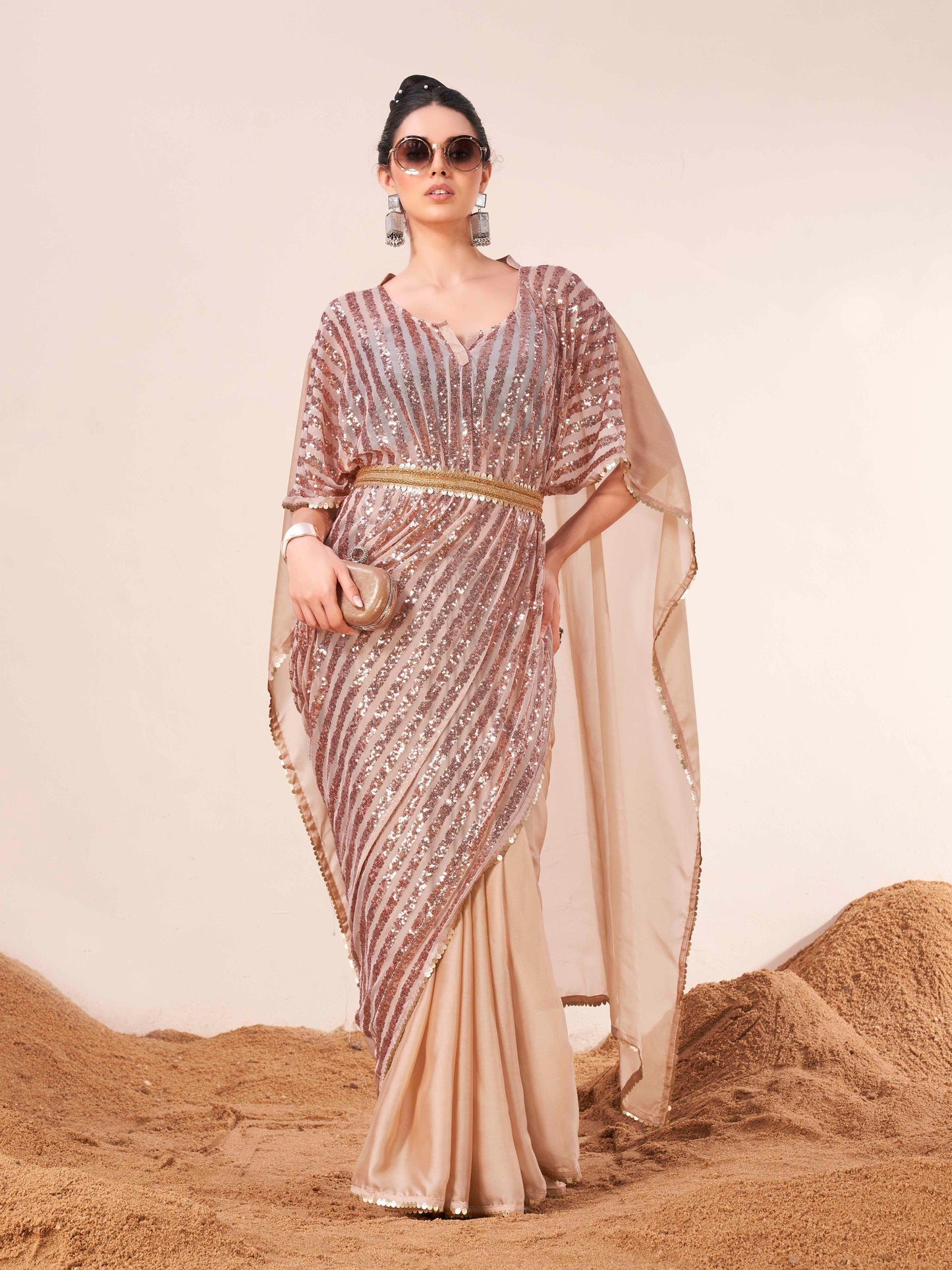 Dhiyona TI Women's Beige Colored Designer Kaftan Saree with Unstitched Blouse Embellished Belt