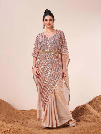 Dhiyona TI Women's Beige Colored Designer Kaftan Saree with Unstitched Blouse Embellished Belt