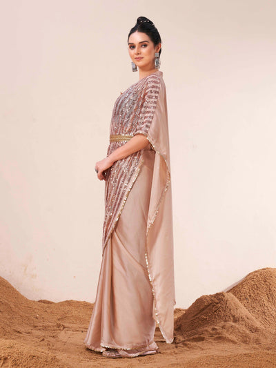 Indyancart TI Women's Beige Colored Designer Kaftan Saree with Unstitched Blouse Embellished Belt
