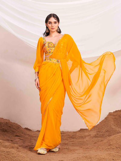 Indyancart TI Women's Yellow Colored Poly Georgette Saree with Unstitched Blouse and Belt