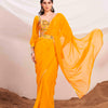 Dhiyona TI Women's Yellow Colored Poly Georgette Saree with Unstitched Blouse and Belt