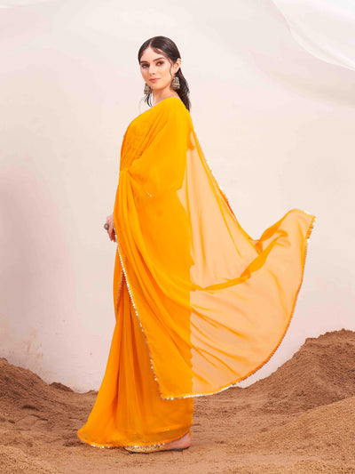 Indyancart TI Women's Yellow Colored Poly Georgette Saree with Unstitched Blouse and Belt