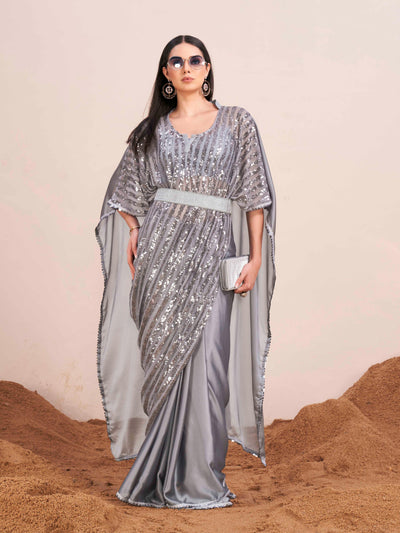 Indyancart TI Women's Grey Colored Kaftan Designer Saree with Unstitched Blouse Embellished Belt