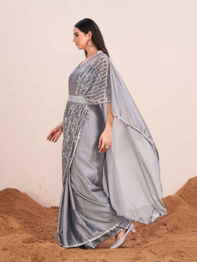 Indyancart TI Women's Grey Colored Kaftan Designer Saree with Unstitched Blouse Embellished Belt