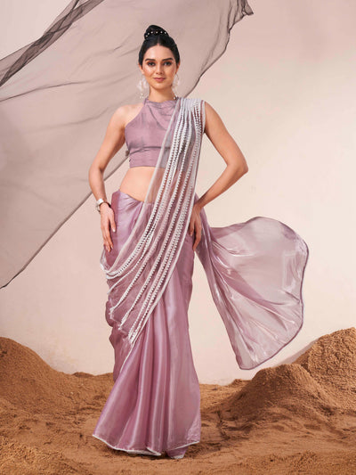 Indyancart TI Women's Lavender Fancy Moti Lace Designer Saree with Unstitched Blouse