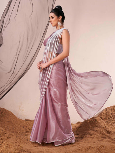 Indyancart TI Women's Lavender Fancy Moti Lace Designer Saree with Unstitched Blouse