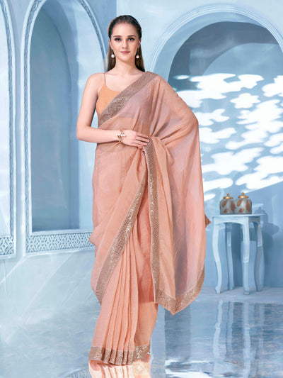 Indyancart TI Women's Peach Sequined Embroidered Crunchy Saree with Unstitched Blouse