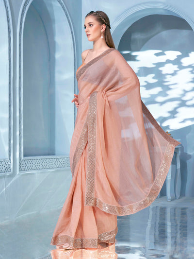 Indyancart TI Women's Peach Sequined Embroidered Crunchy Saree with Unstitched Blouse