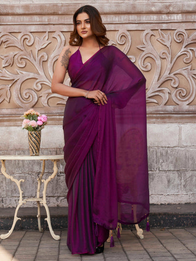 Indyancart TI Women's Two Tone Purple Solid Saree with Unstitched Blouse