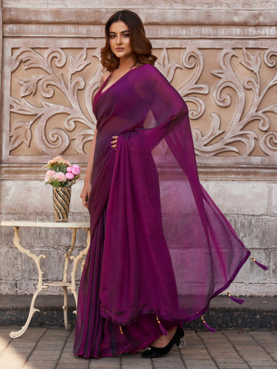 Indyancart TI Women's Two Tone Purple Solid Saree with Unstitched Blouse