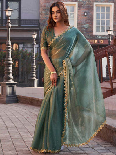 Indyancart TI Women's Olive Green and Gold Jimmy Lace Saree with Unstitched Blouse