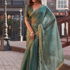 Dhiyona TI Women's Olive Green and Gold Jimmy Lace Saree with Unstitched Blouse