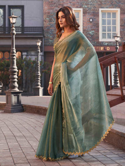 Indyancart TI Women's Olive Green and Gold Jimmy Lace Saree with Unstitched Blouse