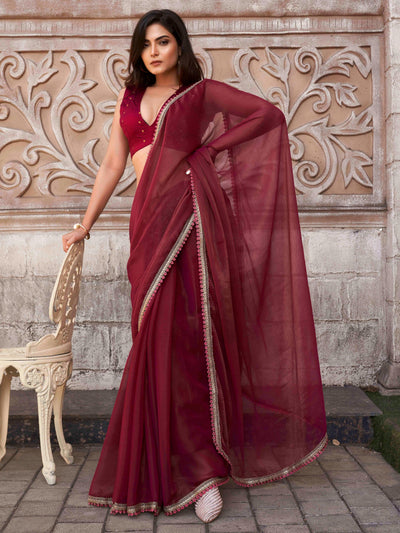 Indyancart TI Women's Maroon Shimmer Chiffon Saree with Unstitched Blouse