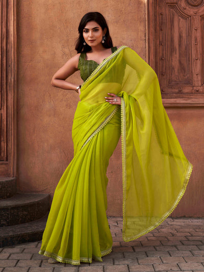 Indyancart TI Women's Green Shimmer Chiffon Saree with Unstitched Blouse