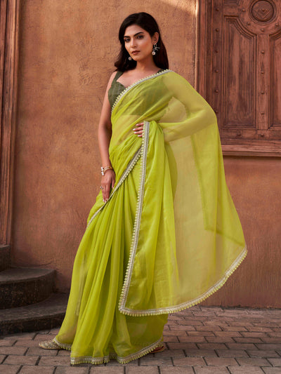 Indyancart TI Women's Green Shimmer Chiffon Saree with Unstitched Blouse