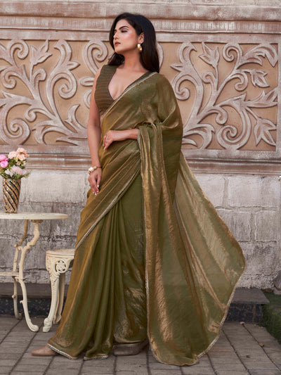Indyancart TI Women's Pre-Drape Green and Gold Two Tone Satin Saree with Unstitched Blouse