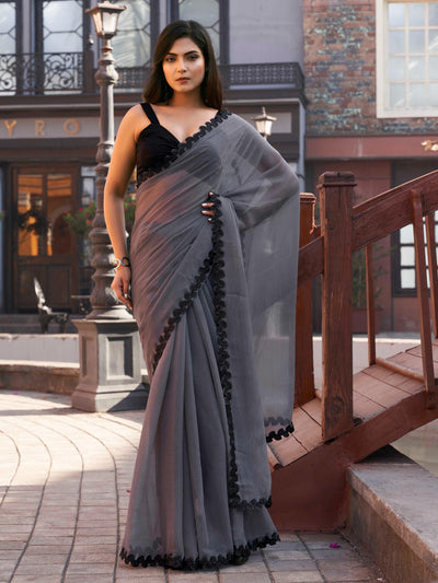 Indyancart TI Women's Grey Shimmer Chffon Saree with Unstitched Blouse