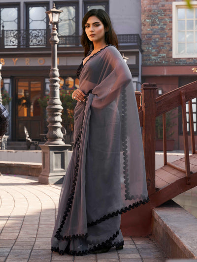 Indyancart TI Women's Grey Shimmer Chffon Saree with Unstitched Blouse