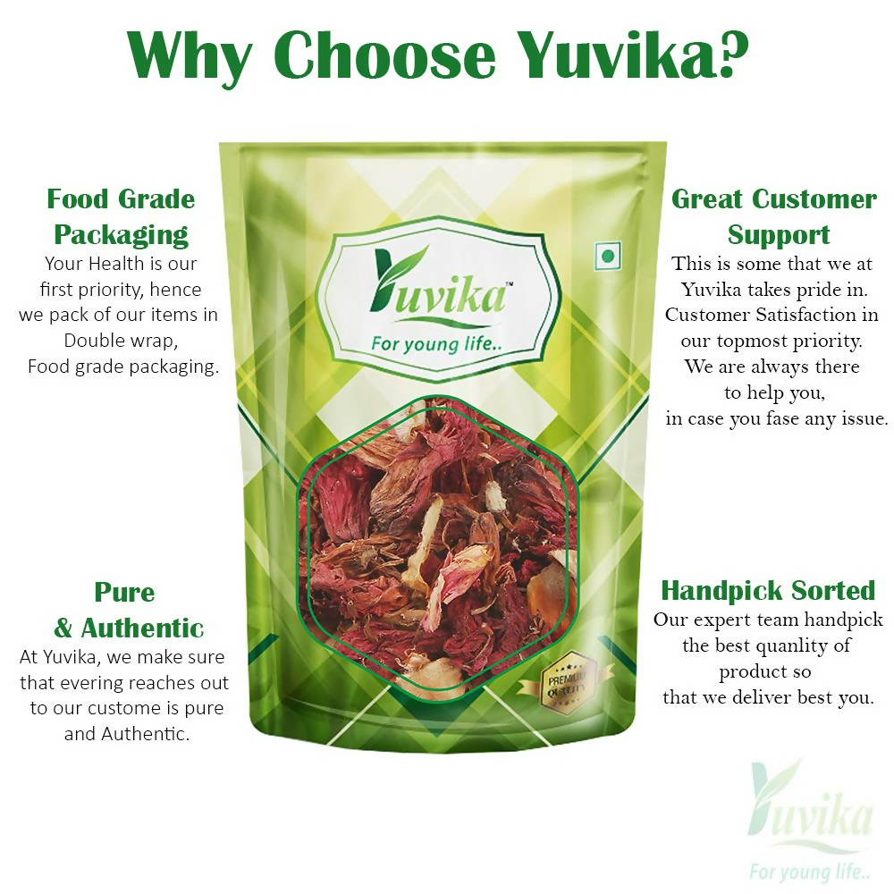 Fresh Yuvika Gudhal Phool (hibiscus flower) used in Ayurvedic products, showcasing vibrant red hibiscus bloom.