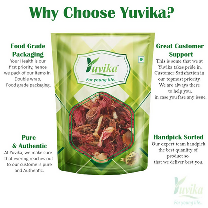 Fresh Yuvika Gudhal Phool (hibiscus flower) used in Ayurvedic products, showcasing vibrant red hibiscus bloom.