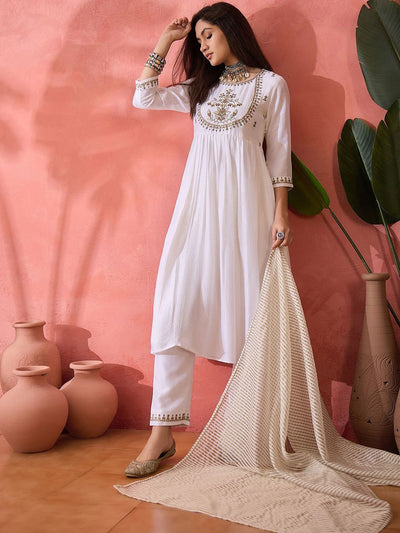 Indyancart SN Women's White Floral Embroidered Silk Blend A-Line Kurta With Trousers And Dupatta