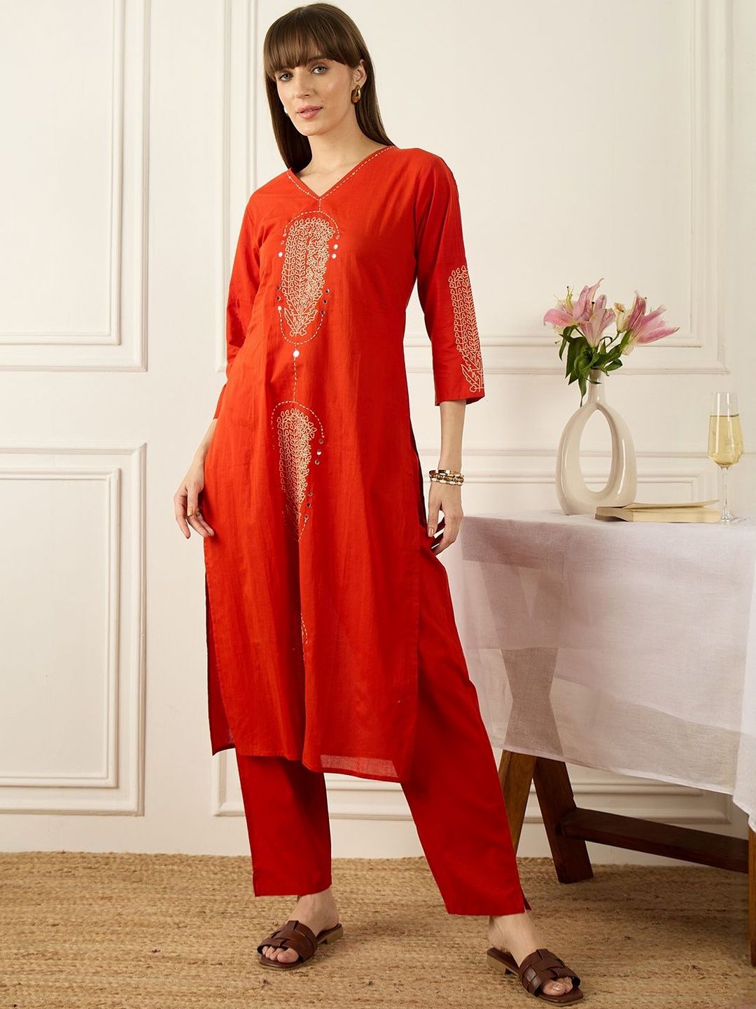Floral Printed Thread Work Pure Cotton Kurta With Palazzos