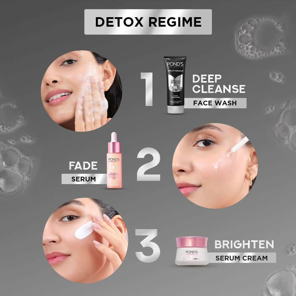 Ponds Bright Miracle Detox Face Wash with activated charcoal, showing a clear bottle and lather for deep cleansing and glowing skin