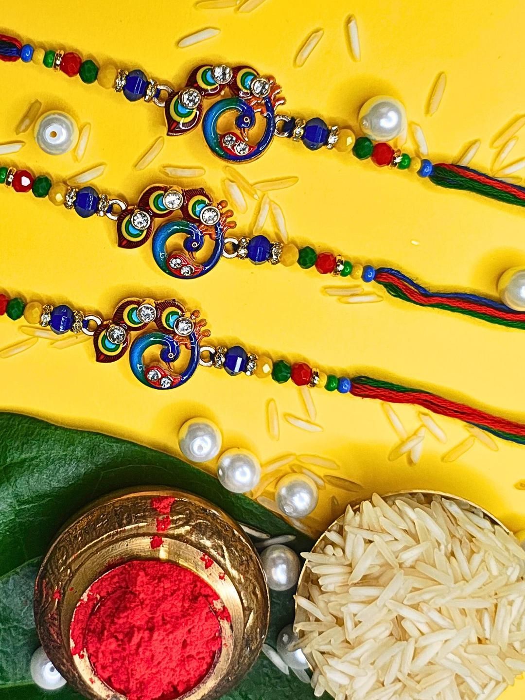 Anouk Set Of 3 Beaded Cotton Thread with AD Stones & Meenakari Designer Rakhi for Brother