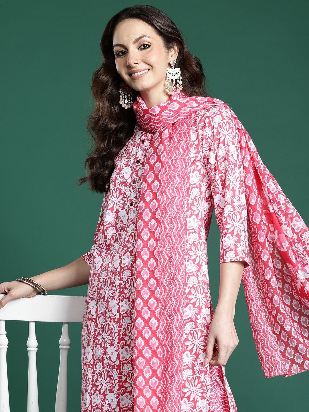 Women Ethnic Motifs Printed Regular Pure Cotton Kurta with Trousers & With Dupatta