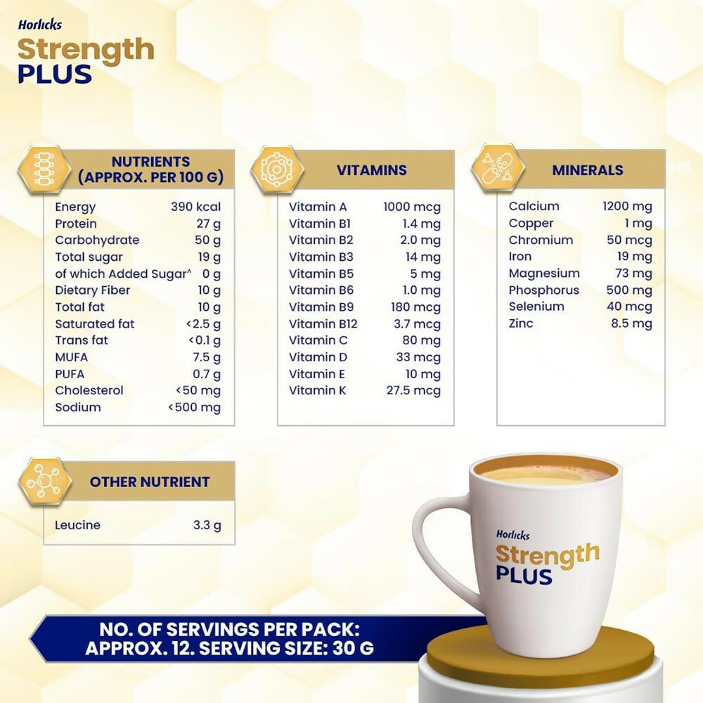 Horlicks Strength Plus vanilla flavor health drink powder in a container with a scoop, showing the product packaging and vanilla flavor.