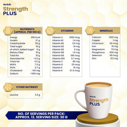Horlicks Strength Plus vanilla flavor health drink powder in a container with a scoop, showing the product packaging and vanilla flavor.
