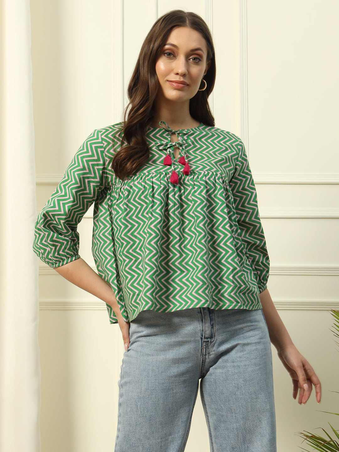 Women's Green Strip Printed Cotton Top
